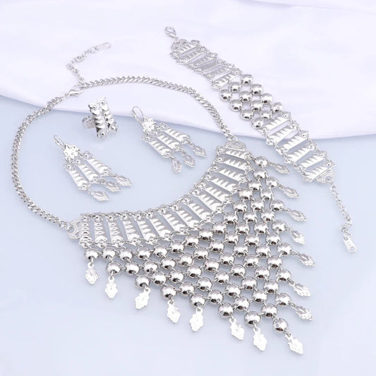 New Tassels Silver Plated Necklace Earrings Bracelet Ring Set for Women Bridal Chains Ethinc Wedding Jewelry Bride Gifts