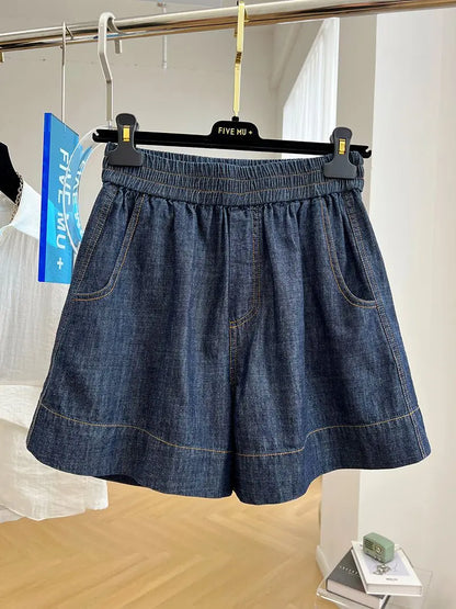 European-style high-end elastic waist casual denim shorts for women, summer thin loose high-waist A-line wide-leg hot pants