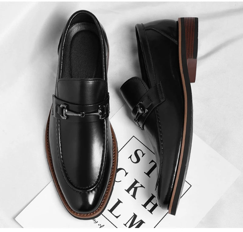 Mens Brown Burnished Genuine Leather Horsebit Loafers Slip On Formal Business Office Wedding Groom Daily Wear Shoes Simple New