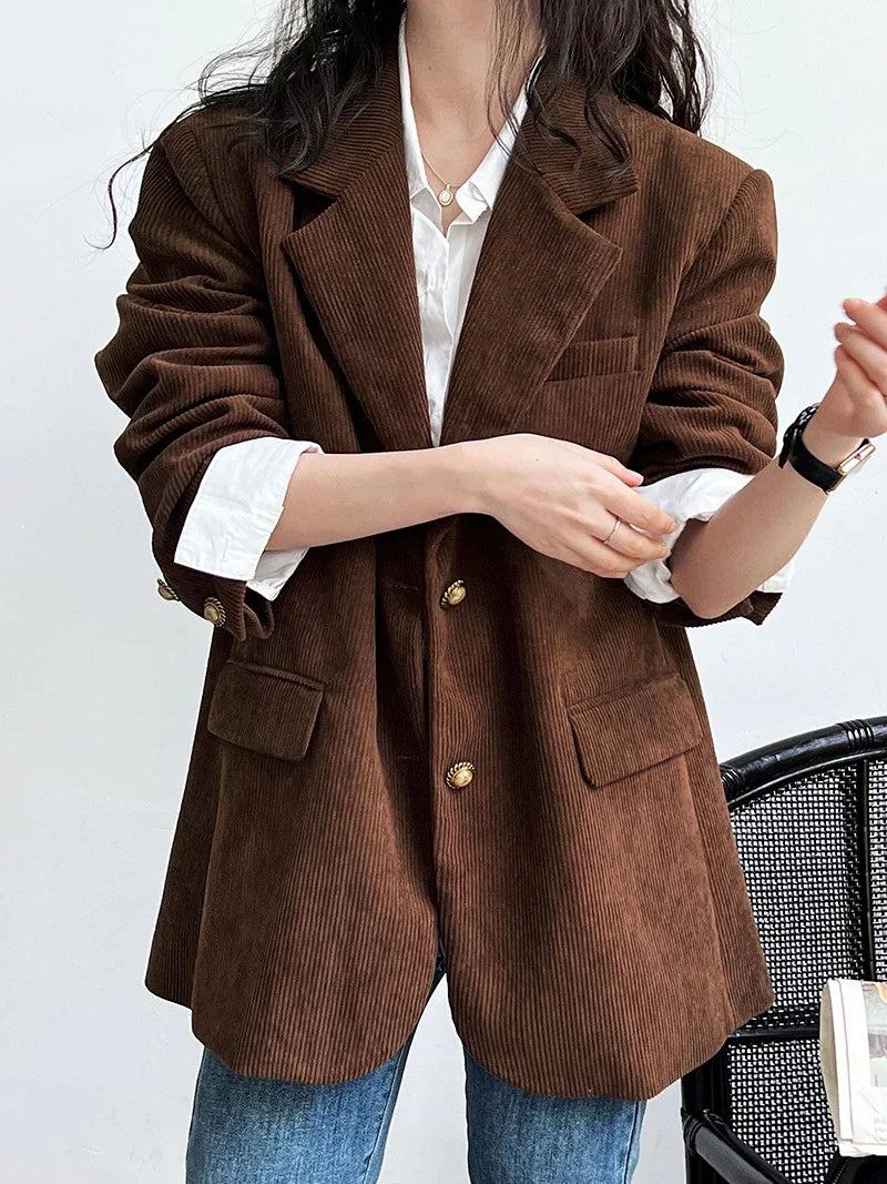 Brown Corduroy Suit Jackets Women's Spring New Fashion Loose Casual Blazers Notched Collar Single Breasted Pockets Female Tops