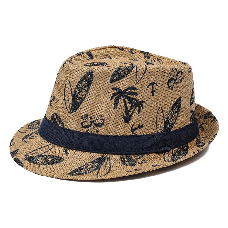 2026 Men's Breathable Straw Fedora Hat with Tropical Print UV Protection Beach Vacation Casual Jazz Cap for Summer