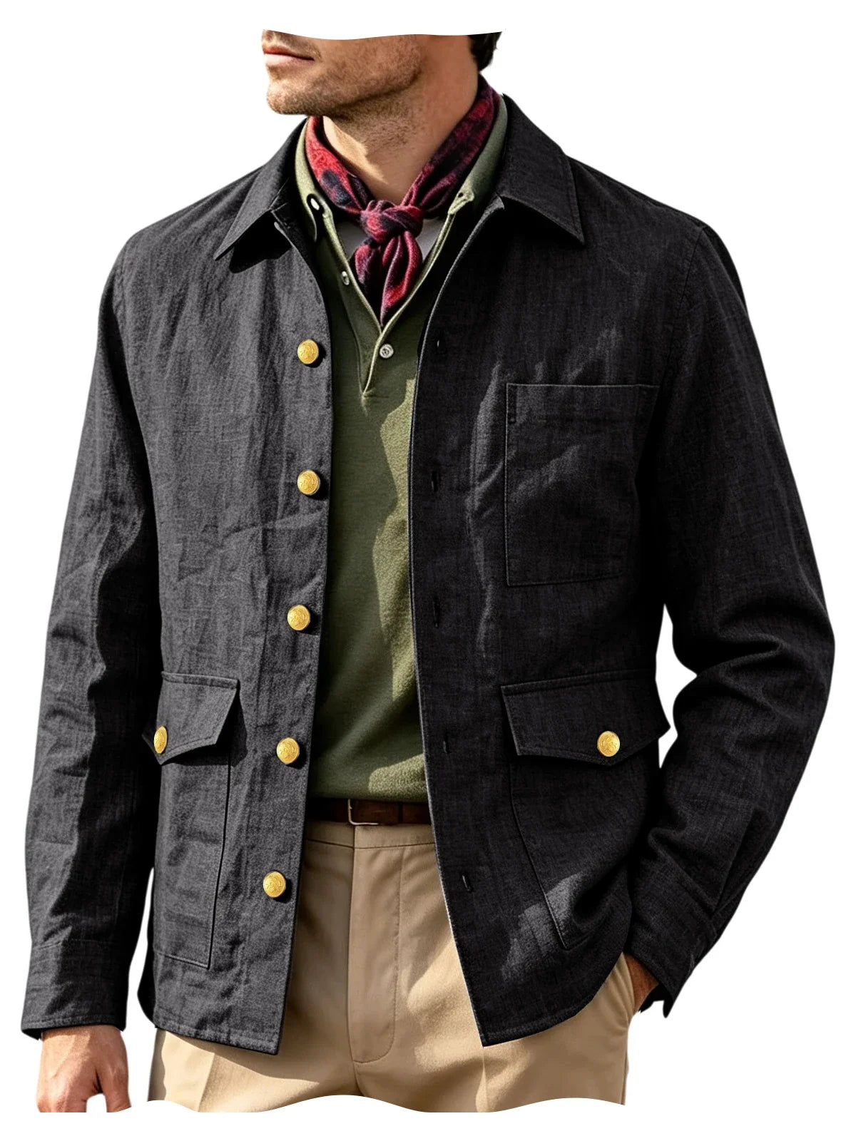 Vintage Men's Linen Jacket Lapel Collar Gold Button Casual Slim Fit Coat Lightweight Breathable for Formal Daily Office Wear