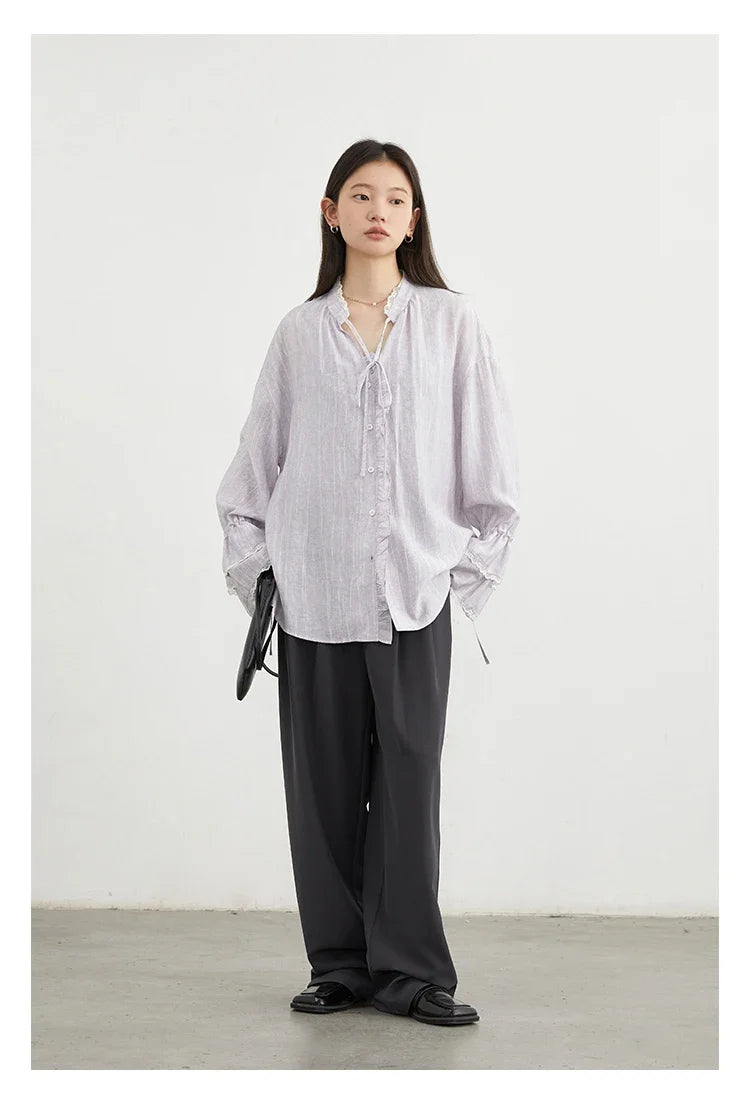 Women Shirt Single Breasted V-neck Loose Casual Long Sleeve New Stand Up Collar Coat Female Blouse Spring Autumn 2025