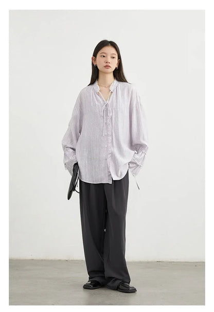 Women Shirt Single Breasted V-neck Loose Casual Long Sleeve New Stand Up Collar Coat Female Blouse Spring Autumn 2025