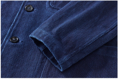 Heavy Weight Indigo Jacket Men Autumn Winter Vintage Workwear Tooling Jacket Blue Dyed Kendo Fabric Multi-pocket Cardgian Coat