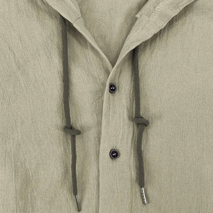 Men's Solid Color Casual Shirt, Hooded Drawstring Cotton and Linen Cardigan, Trendy and Versatile Loose Beach T-Shirt