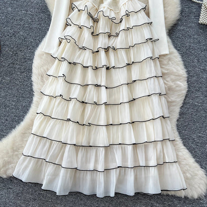 Autumn 3D Floral Spliced Long Dress 2025 Female O Neck Long Sleeves High Quality Slim Luxury Knitted Party Cake Dress
