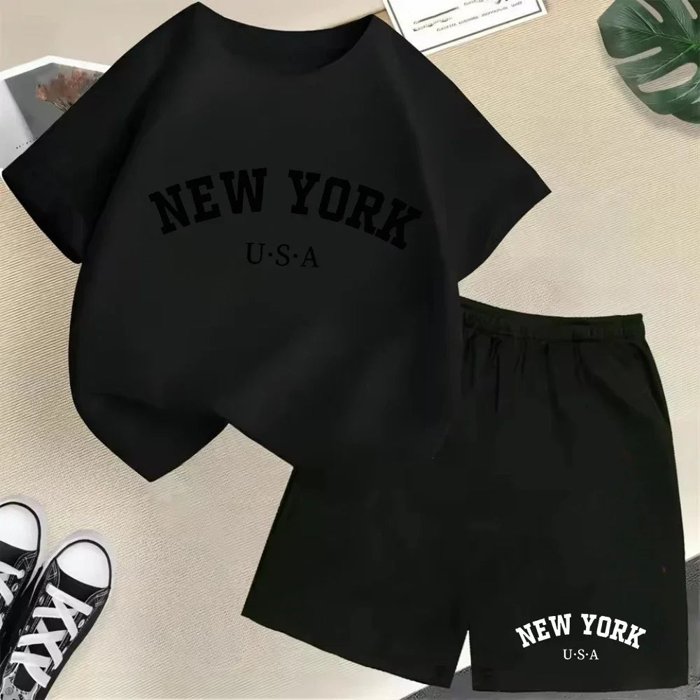 2026 New Kids Boys Girls New York Letter Pattern Cotton T-shirt+Shorts 2-Piece Set Casual Daily