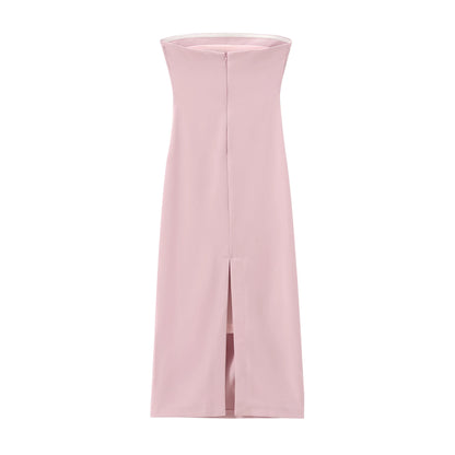 Women Fashion Summer New Sexy Split Back Zip Pleated Sleeveless Strapless Dress Chic Female French Elegant Evening
