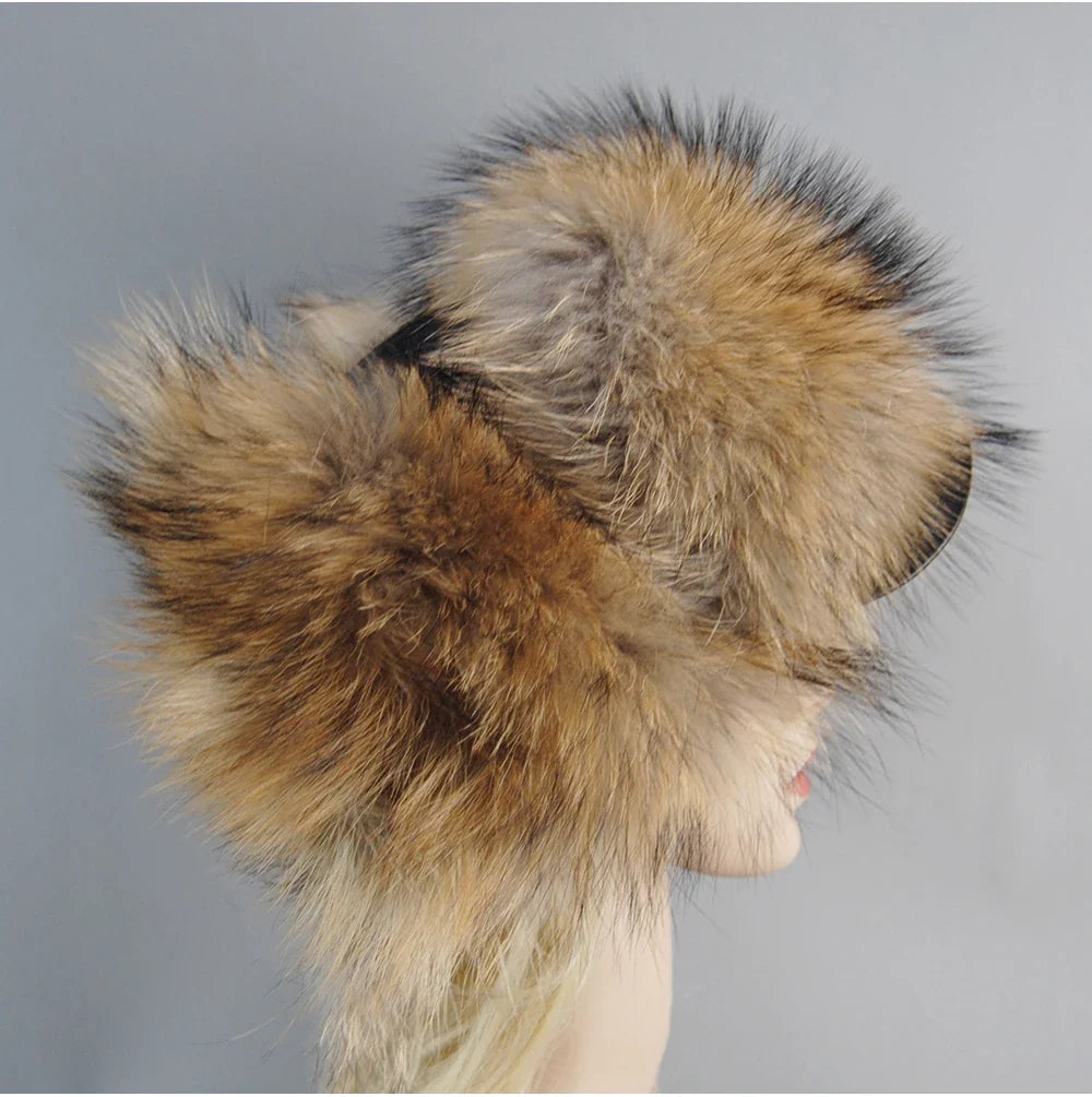 100% Real Fox Fur Hat Women's Russian Ushanka Aviator Trapper Snow Skiing Hat Caps Earflap Winter Raccoon Fur Bomber Hat