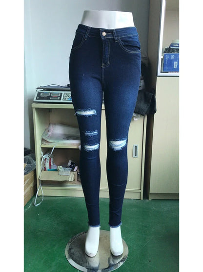2024 Women Stretch Skinny Ripped Jeans Lady High Waist Pencil Long Pants Narrow Straight Leg Wrap Hips Plus Size S-3XL Trousers