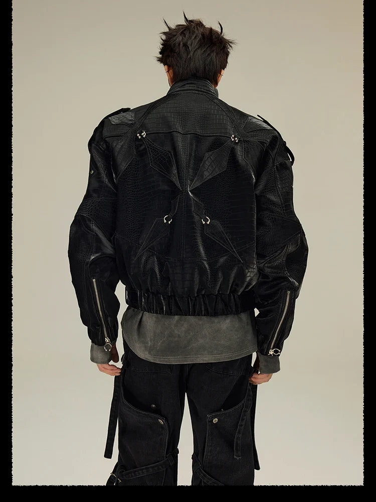 Spring Autumn Cool Short Shiny Black Crocodile Print Pu Leather Jacket Men Luxury Designer Y2K Streetwear Clothes