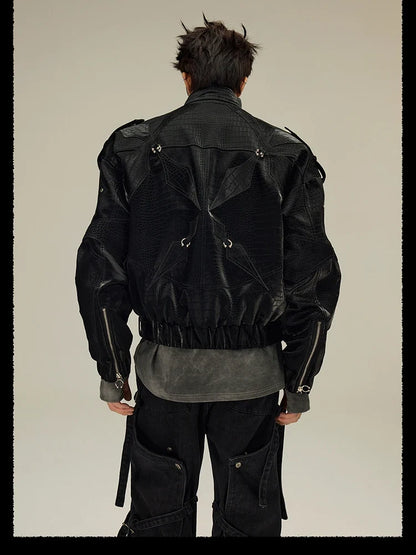 Spring Autumn Cool Short Shiny Black Crocodile Print Pu Leather Jacket Men Luxury Designer Y2K Streetwear Clothes