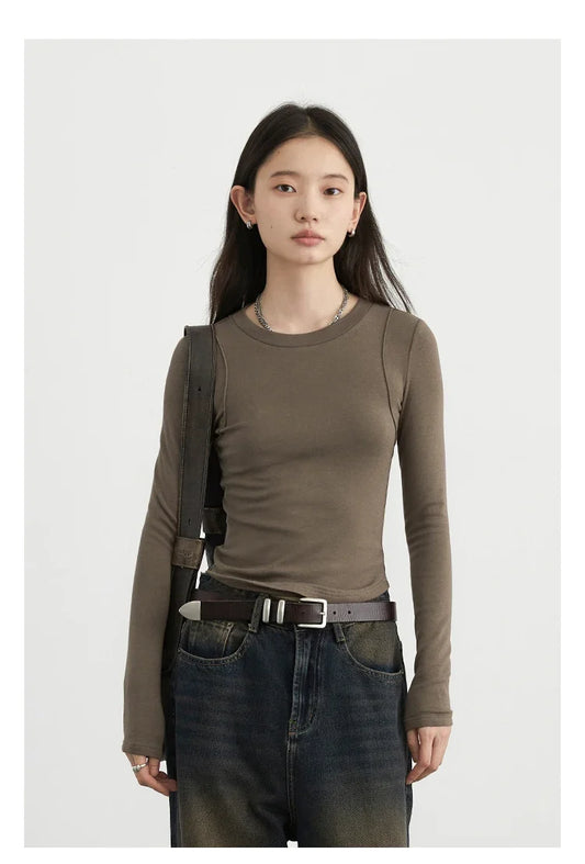 Women T-Shirts Solid New Basic Heating Cashmere Round Neck Woman Tees Slim Fit Female Tops Spring Autumn 2024