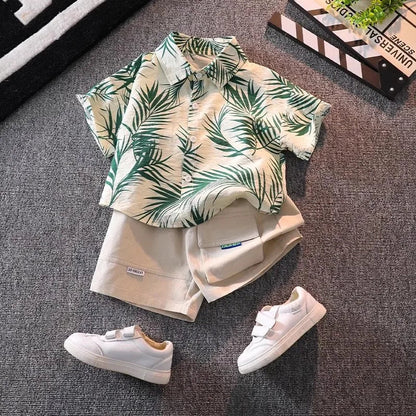 Children's Short-Sleeved Shirt Summer Beach Seaside Boys Flower Shirt Baby Summer Top Boys Shorts Set