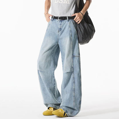 Spring And Summer Retro Blue Curved Knife Jeans Korean Version Men'S Loose Straight Leg Pants Wide Leg Casual Pants