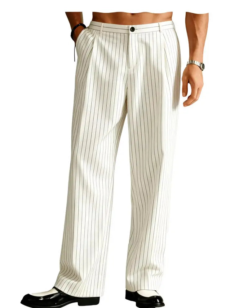 Vintage Men Pants Thin Slacks Business Striped Trousers High Waist Pleated Wide Leg Loose Straight Casual Office Wedding