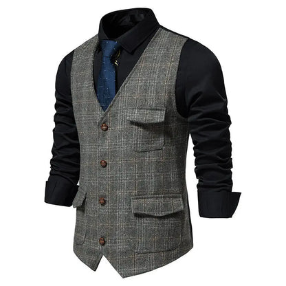 Man Waistcoat British Style Plaid Single-breasted Men Suit Vest Retro Slim V-neck Sleeveless Pocket Male Casual Vest