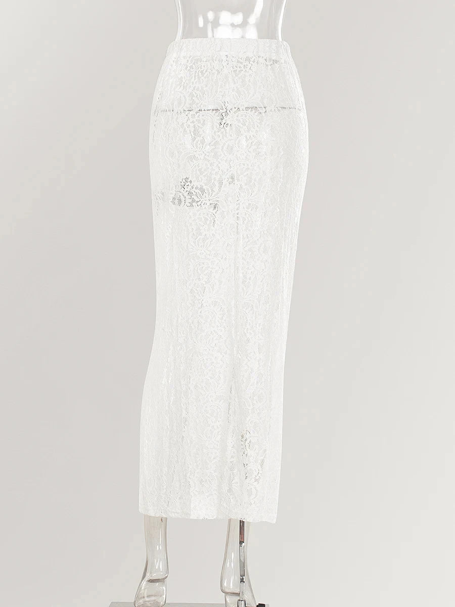 Lace Jacquard Transperant Skirt Women Summer New High Waist Sexy Casual Long Skirts 2025 Streetwear Fashion White Maxi Skirt