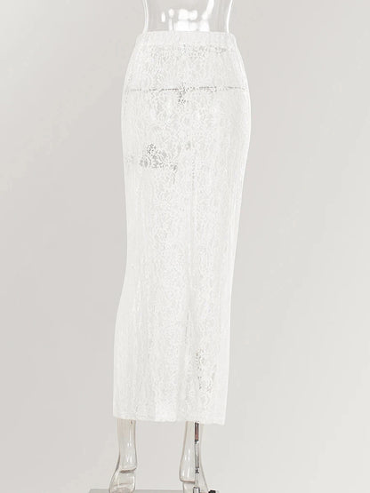 Lace Jacquard Transperant Skirt Women Summer New High Waist Sexy Casual Long Skirts 2025 Streetwear Fashion White Maxi Skirt