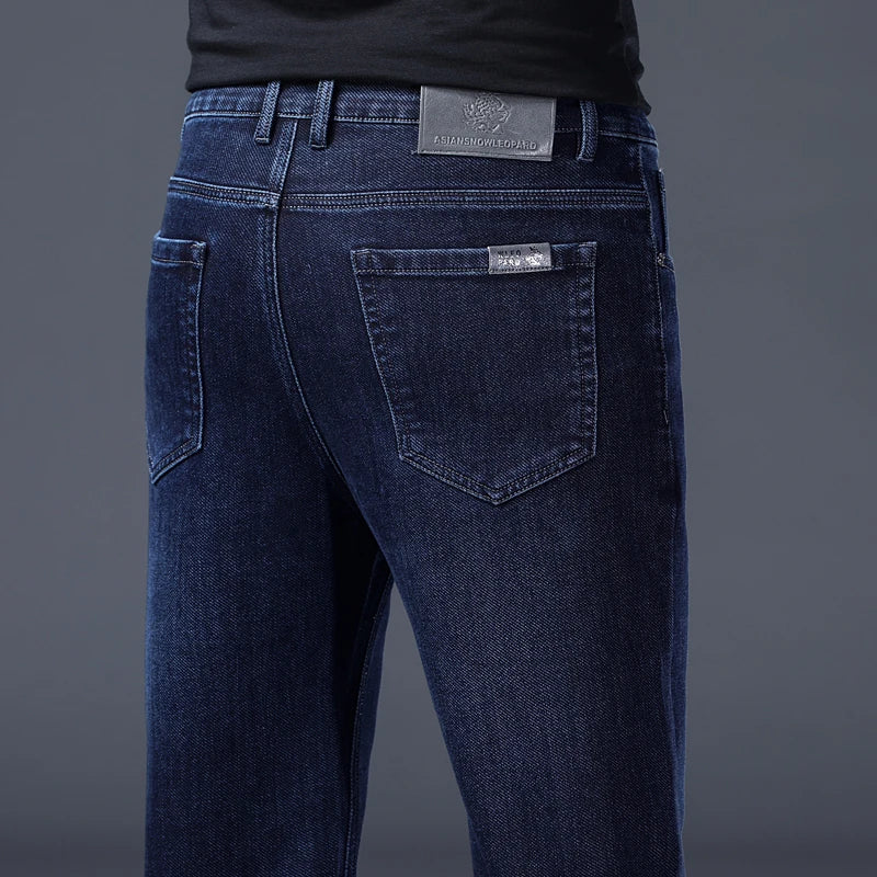 Classic Straight Men's Jeans Spring Slightly Thick Elastic Casual Office Business Trousers Fashion Comfort Washed Denim Pants