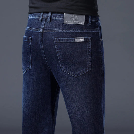 Classic Straight Men's Jeans Spring Slightly Thick Elastic Casual Office Business Trousers Fashion Comfort Washed Denim Pants