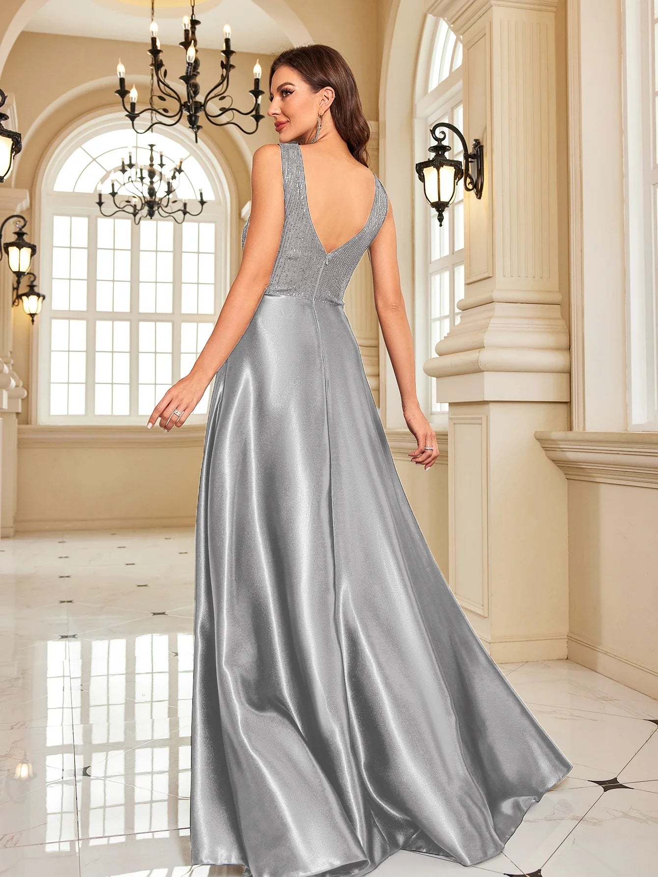 Elegant Sequins Evening Dress For Women 2024 Deep V-neck Satin Prom Party Green Dress Floor Length Blue Formal Gowns