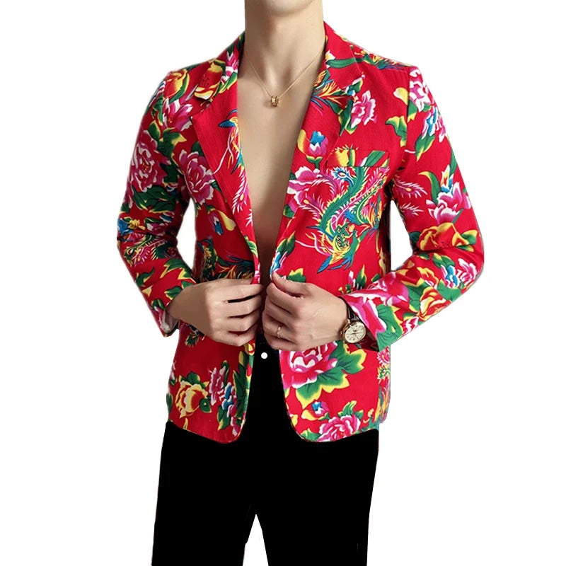 2026 Thin Men's Black Printed Suit Jacket, Asian Size V-Neck Single Button Blazer, Red Nostalgic Style Long Sleeve Cotton Coat.