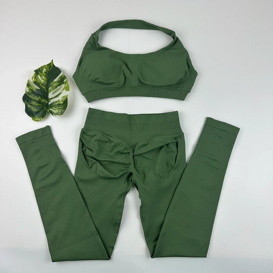 Yoga Leggings Set Women Seamless Yoga Set High Waist Scrunch Butt Legging With Halter Sports Bra Workout Gym Suit