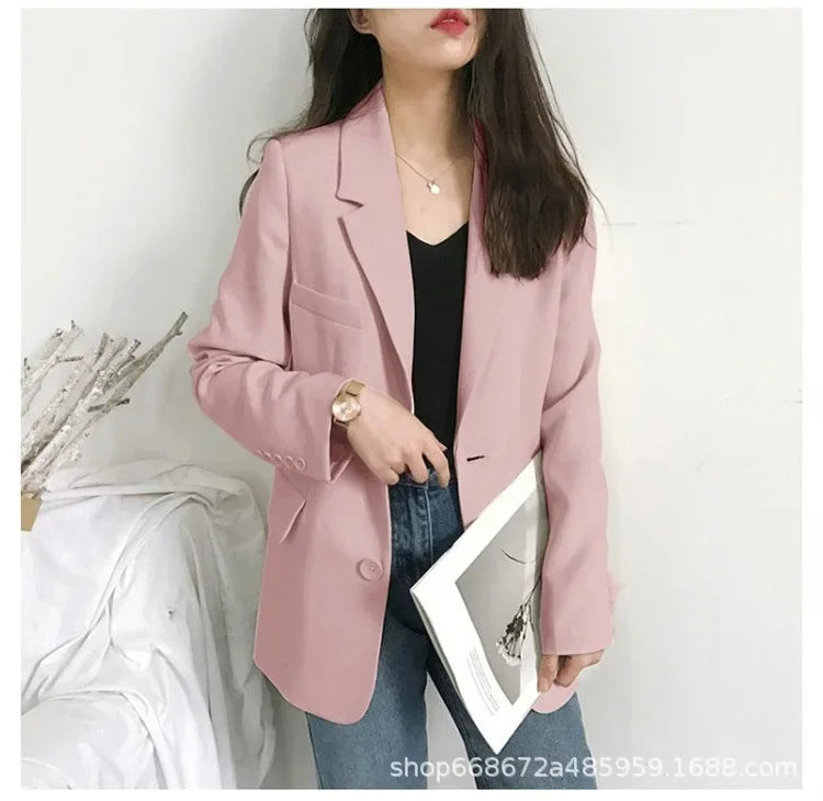Elegant Casual Loose Long Sleeve Women's Small Suit Jacket Korean Style Spring Autumn Chic Polyester Fiber Button Decoration