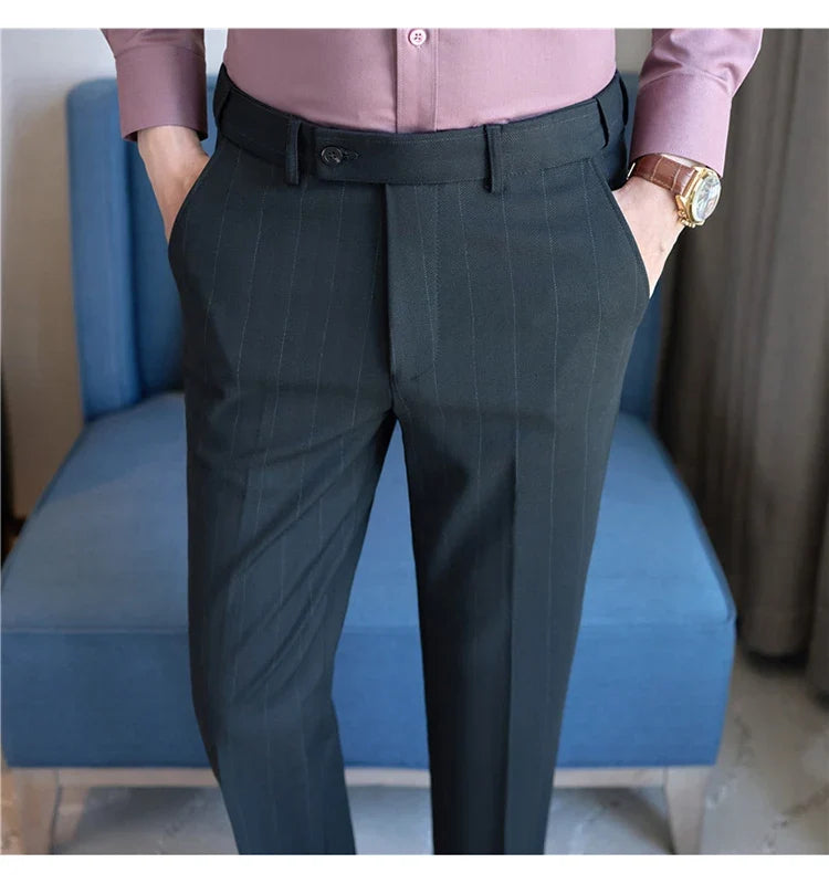 Autumn Winter New Thickened Wool Striped Suit Pants Men's High Qualitys Elastic Waist Slim Fit Business Casual Trousers 38-29