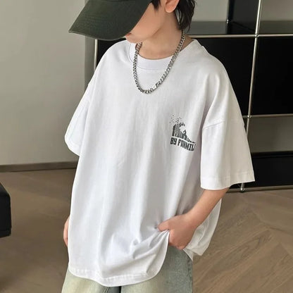 Black Graffiti Letters Pure Cotton Short Sleeve T-Shirt for Tween Boys Loose Fit Summer Youthful Wear Kids Outerwear Clothing