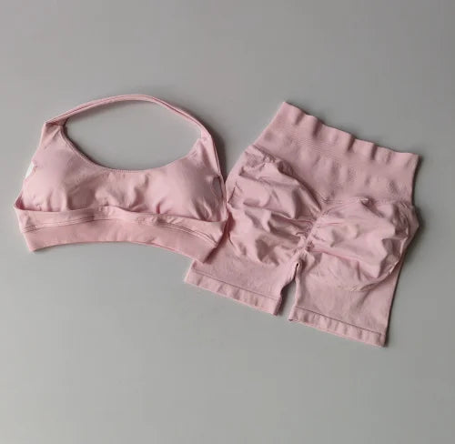 Sexy Halter Neck Beautiful Back High Waist Peach Sports Bras Shorts Suit Pilates Gathering Yoga Vest Training Fitness Bra Sets