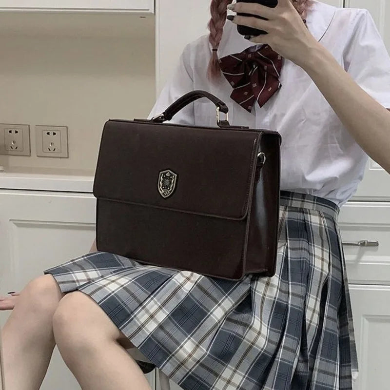 PU Brown Lolita Girls Japanese Handbags Transparent Pocket JK Uniform Student Messenger Bag Y2k Original Harajuku Square Itabags