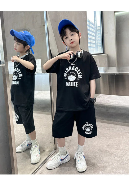 Summer Boys Cotton Leisure Print T-Shirt Top+Shorts Pant Contrast Set School Kids 2PCS Tracksuit Children Vacation Outfit 5-16Yr