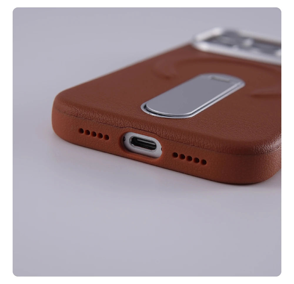 Luxury Rotation KickStand Business PU Leather Case For iPhone 17 Pro Max 16 15 14 13 For MagSafe Magnetic Matte Shockproof Cover