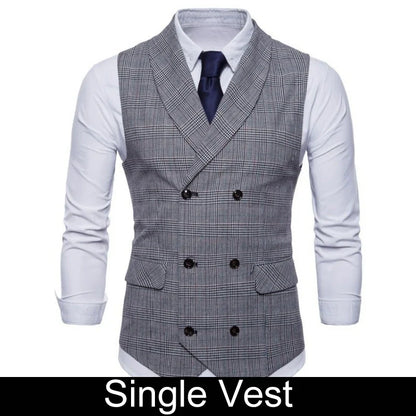 Men Vest Vintage Plaid Turn Down Collar Male Suit Vest Slim Double-breasted Sleeveless Business Casual Man Waistcoat
