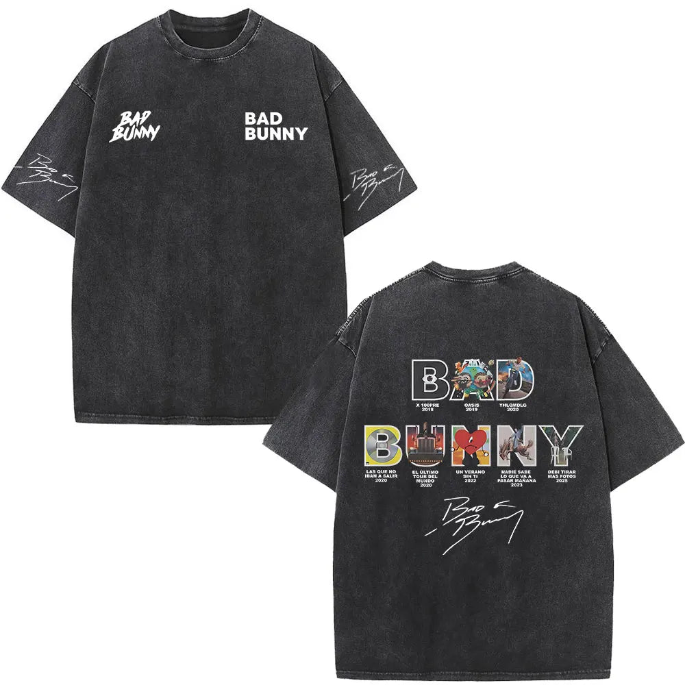 Rapper Bad Bunny Washed Vintage T-shirt Debi Tirar Mas Fotos DTMF World Tour 2026 T Shirts Men Women Fashion Hip Hop T-shirts