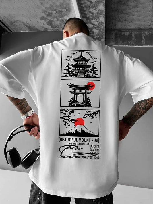 Men  Summer Streetwear Printed T-shirt with Cherry and Mount Fuji Patterns Loose Round-neck Casual Top Fashionable and Versatile