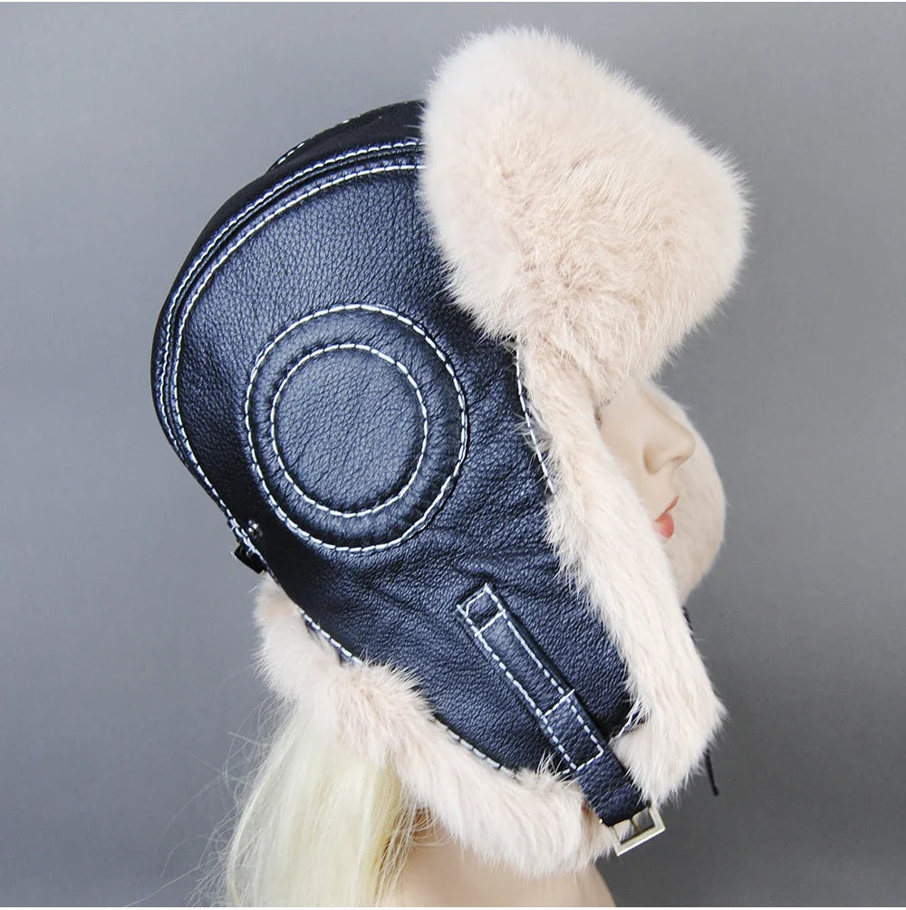 Hot Sale Winter Women's 100% Real Rabbit Fur Bomber Hat Ushanka Cap Trapper Russian Woman Ski Hats Caps Real Sheepskin Leather