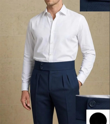 Navy Blue Men’s High Waisted Pleated Dress Pants Gurkha Style Trousers Double Button Waist Formal Pants Wedding Pants for Men