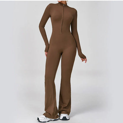 VITALINOVO Women Long Sleeve Flare Workout Jumpsuit Zip Up Romper Bottom Pants Wide Leg Full Length Bodysuit Bodycon One Piece