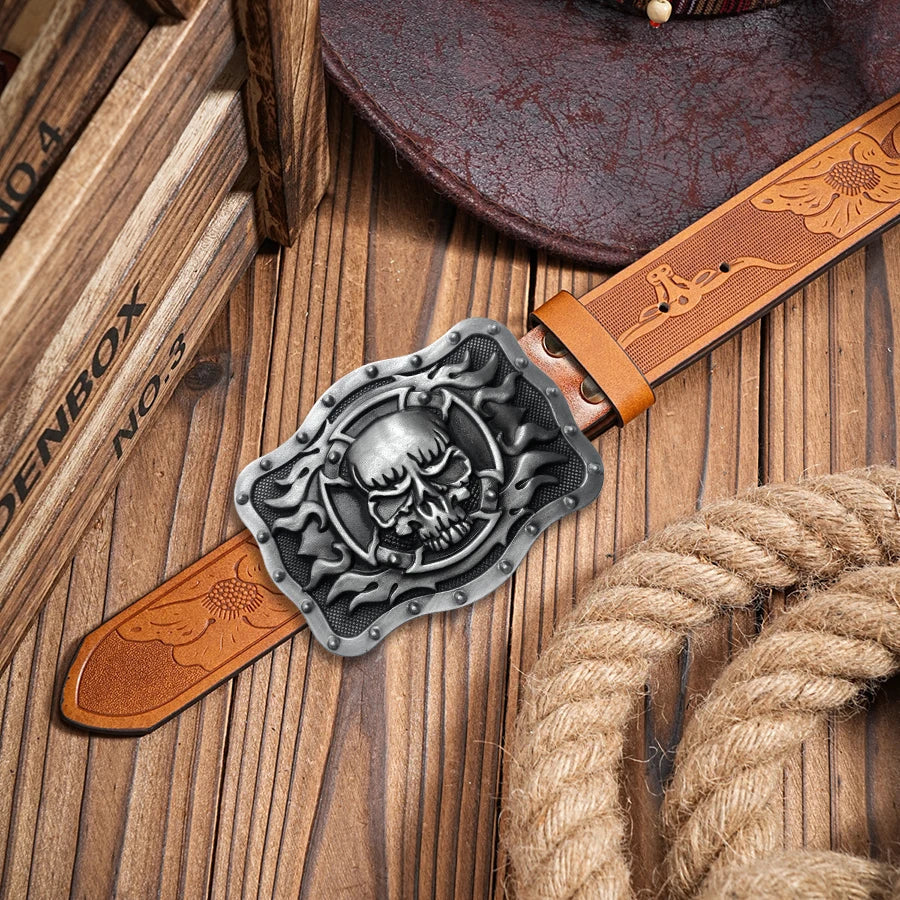Skull Flame Belt Exquisite Carved Large Plate Buckle Alloy Buckle for Men and Women - Irregular Pattern Carved Flower Long Horn