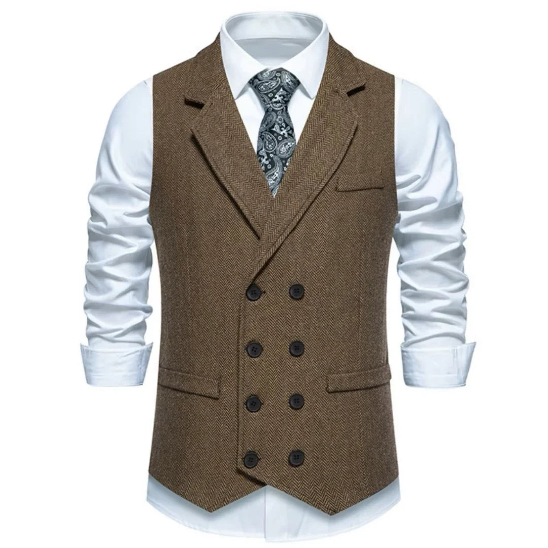 Men Vest Gray Herringbone Double Button With Lapel Waistcoat For Wedding Groom Business Banquet Office Work Men Suit Vest