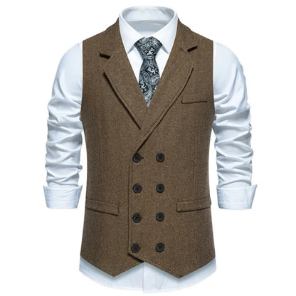 Men Vest Gray Herringbone Double Button With Lapel Waistcoat For Wedding Groom Business Banquet Office Work Men Suit Vest