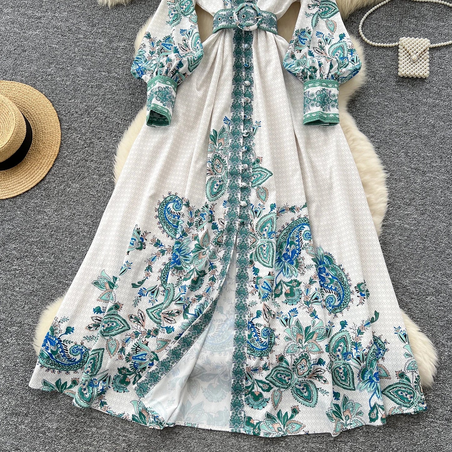 Retro Faion Print Stand Collar Single Button Women's Dr Waist Cinched Floor Length Skirt Korean Sle High Waist Long Sl...