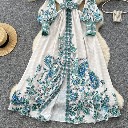 Retro Faion Print Stand Collar Single Button Women's Dr Waist Cinched Floor Length Skirt Korean Sle High Waist Long Sl...