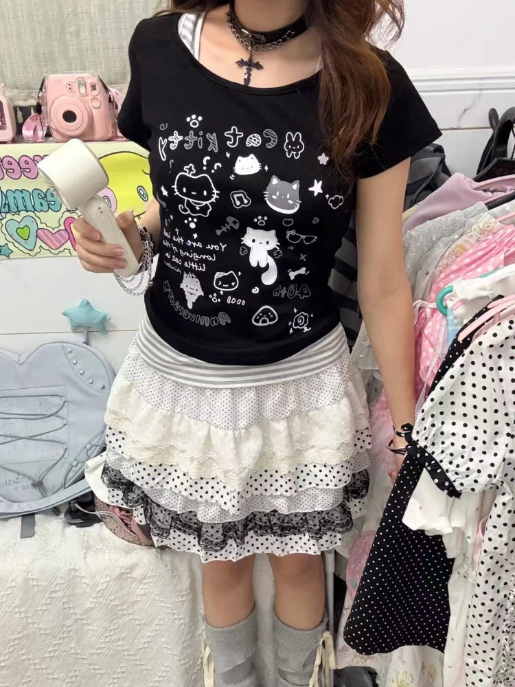 Sweet Lace Lolita Loose Skirt Women 2025 Summer Japanese Elastic Waist Patchwork Polka Dot Cake Skirts Hepburn New Vintage Skirt