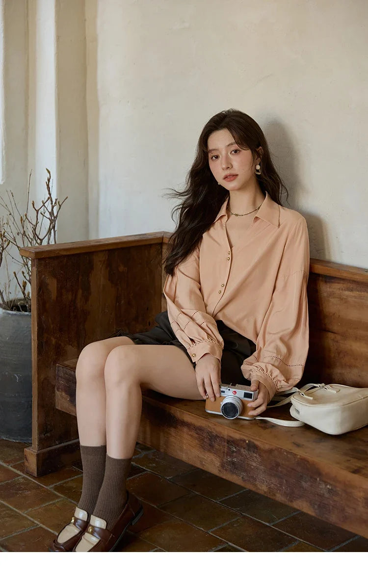 Women's Shirt Lantern Sleeve Hollow Out Tops 2025 Autumn Single Breasted Solid Shirts Lapel Shirt Office Lady MXE41C2359