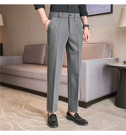 Mens Suit Pants 2026 Spring New British Style Elastic Waist Solid Casual Formal Dress Pants Slim Fit Trousers for Men Clothing